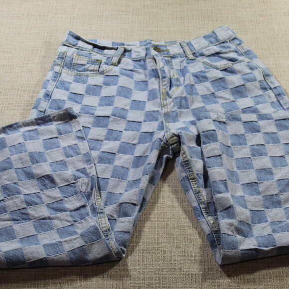 Blue Denim Patchwork Size 10 Wide Leg Capri Blue Jeans - Picture 1 of 6